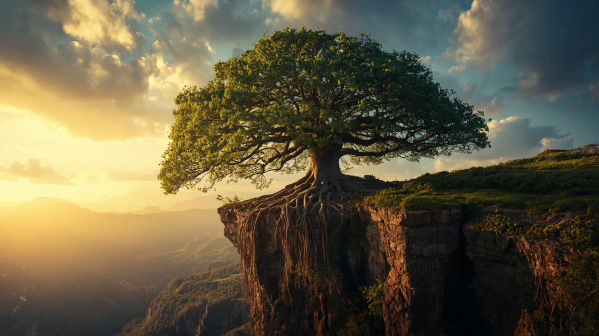 Photographie cinématique. Un arbre majestueux au bord d’une falaise, racines épaisses plongeant dans une terre humide, feuillage illuminé par des rayons dorés. Profondeur de champ réduite, ciel dramatique.