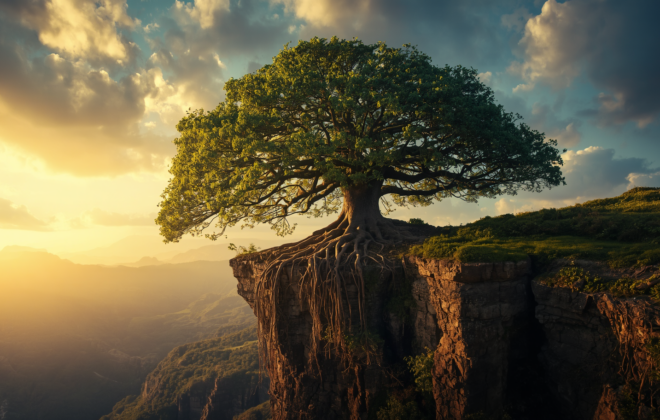 Photographie cinématique. Un arbre majestueux au bord d’une falaise, racines épaisses plongeant dans une terre humide, feuillage illuminé par des rayons dorés. Profondeur de champ réduite, ciel dramatique.